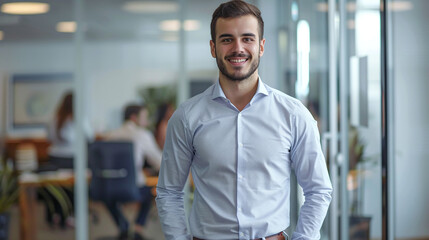 Fototapeta premium Smiling businessman in a shirt in a modern office