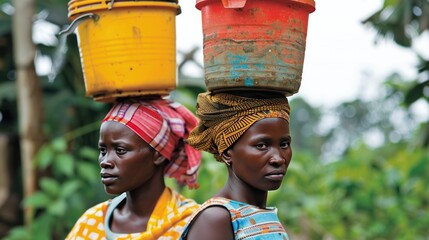 Portrait of rural women carrying buckets of water on their heads.AI generated image