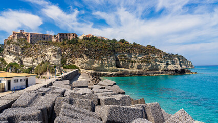 View of the beautiful village Tropea in Calabria, Italy. As seen from the harbour area. 
