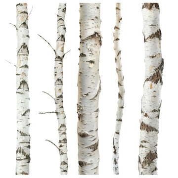 set of natural birch trunks isolated on white background