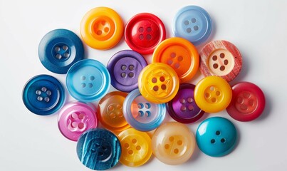 Fototapeta premium Vibrant assortment of buttons on a white background, perfect for sewing projects