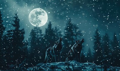 Naklejka premium Wolves in wildlife sanctuary, snowy landscape, howling at moon close up, focus on, copy space Double exposure silhouette with winter wilderness