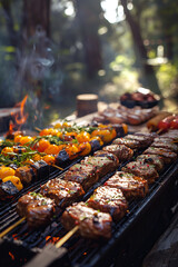 Close-up of meat on skewers grilled outdoors at barbecue on sunny summer day.