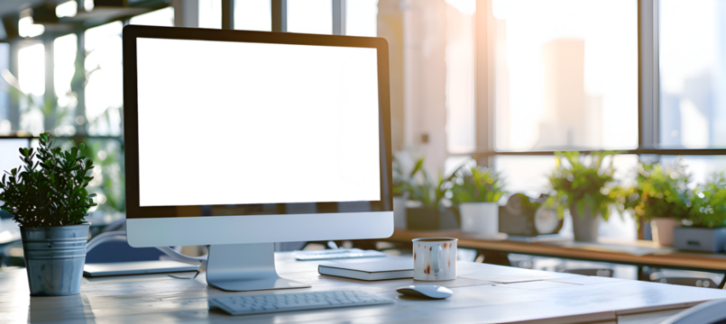 The modern office interior features a sleek, minimalist design accentuated by advanced LED lighting, creating an environment that is both inviting and highly functional. The white display walls serve 