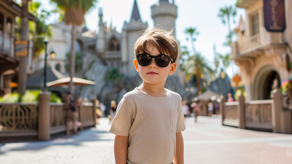 Young boy in sunglasses standing at a fairytale theme park. Generative AI image