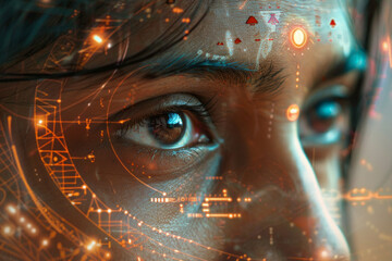 A closeup of an indian woman face with futuristic digital symbols, lines illuminating her face, focus on her pupils 