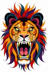 Obraz premium a cartoon fierce, angry, lion, mascot, t-shirt design, \illustration, wild, animal, mane, roar, claws, teeth, predator, savannah, nature, aggressive, strong, powerful, golden, character, vector