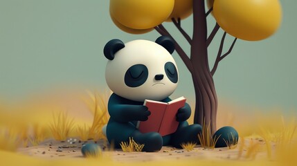  an adorable panda reading a book under a tree