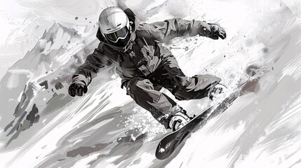 Hand-drawn sketch of a snowboarder in action on an alpine slope