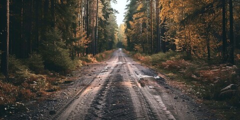 Naklejka premium Front view of a dirt road in the middle of a forest