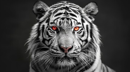 Fototapeta premium Front view of Tiger with red eyes isolated on black background. Black and white portrait of tiger