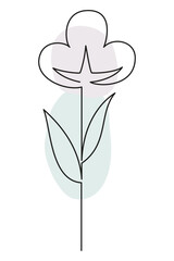 Pattern of natural organic cotton branches and leaves drawn in one line with colored spots. Flat doodle style. Vector illustration.