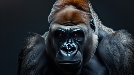 Obraz premium Portrait of a strong male black gorilla face isolated on black background. AI generated