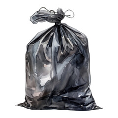 black garbage bag full and tied watercolor isolated white on background