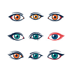 Set illustrated human eyes expressing various emotions shown through different iris colors eyelash lengths, eye drawing displays unique stylistic details suggestive personality mood. Artistic