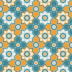 Arabic geometric mosaic printable seamless pattern with abstract Moroccan print in blue and orange colors. Ramadan Kareem Traditional Islamic art Illustration background