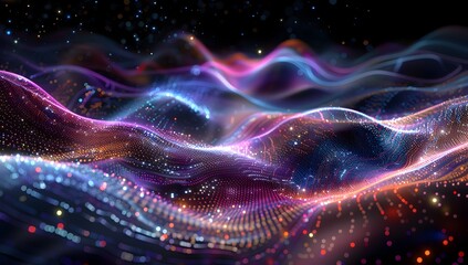 Abstract digital background with glowing data connections and dynamic wave forms, representing the concept of big data technology
