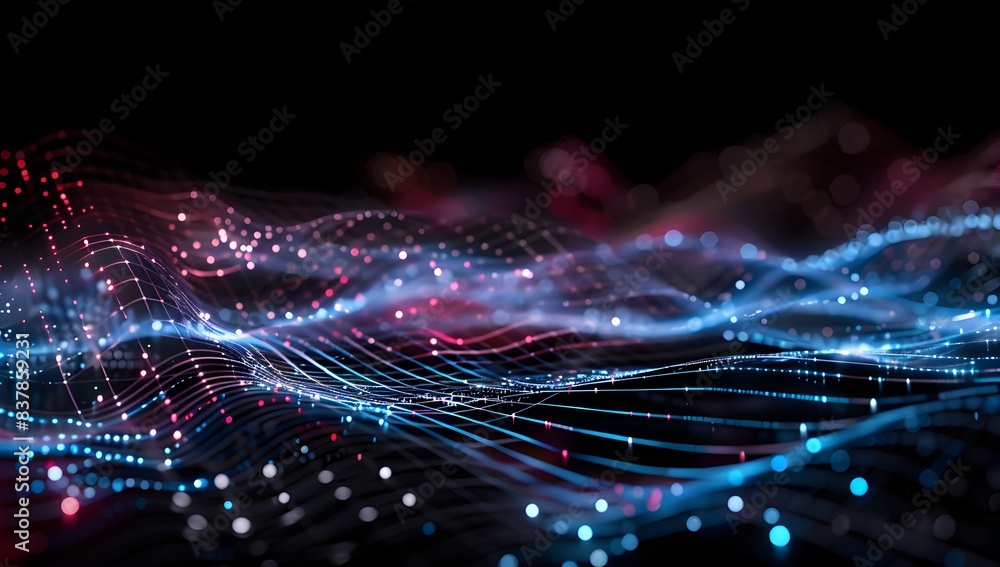 Poster abstract digital background with glowing data connections and dynamic wave forms, representing the c