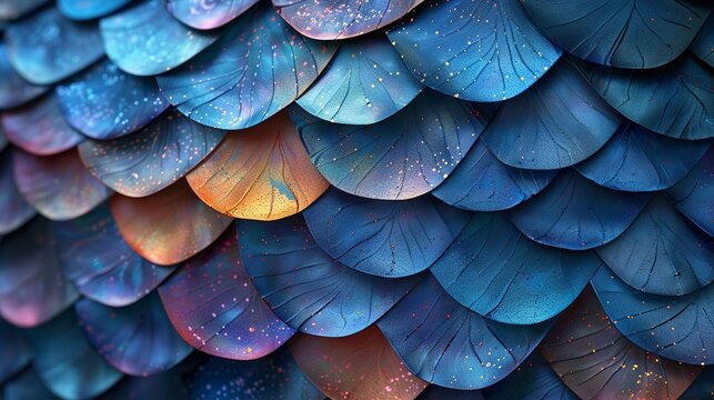 A high-resolution abstract illustration of fish scales, featuring iridescent hues and intricate patterns that shimmer with a lifelike quality. shiny, Minimal and Simple,
