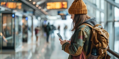 Traveler checking their itinerary on a smartphone while waiting at an airport, representing organized travel and discovery, isolated white background, copy space