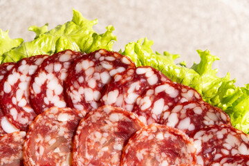 Thinly sliced salami slices close-up.