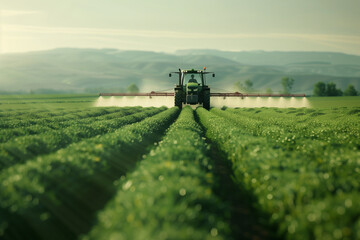 Fototapeta premium Tractor fertilizes the fields. Tractor in the field. Agriculture.`
