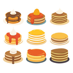 Stacks pancakes various toppings syrup butter strawberry designs. Digital flat design isolated white background breakfast dessert theme. Cartoon pancakes breakfast food artwork graphic colorful