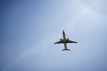 Airplane is flying in the sky with the landing gear down