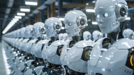 Fototapeta premium Future of manufacturing. Deserted factory floors with autonomous robots. Job displacement by AI