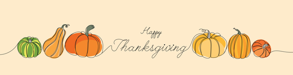 Outlines autumn pumpkins set with hand drawn lettering happy Thanksgiving. Pumpkins line art for Thanksgiving day.
