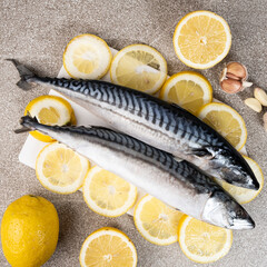 Uncooked mackerel sea fish with lemons and garlic, culinary recipe