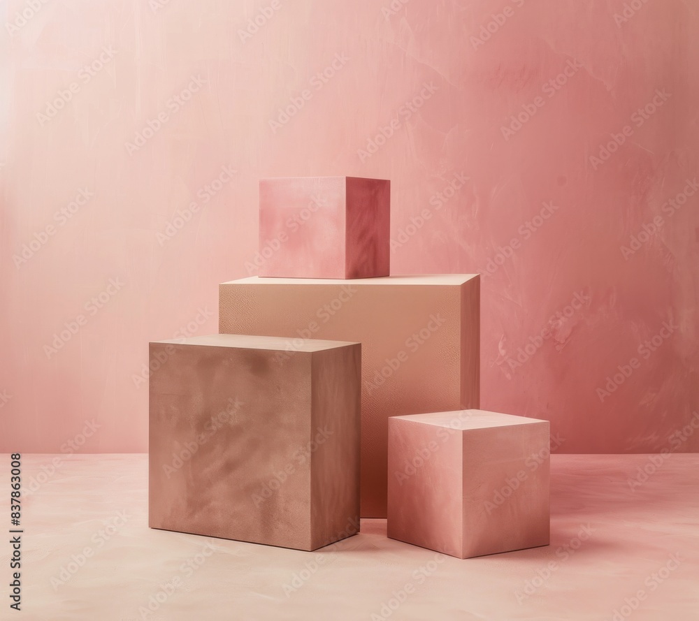 Poster minimalist background with three pastel pink cubes in a soft light setting