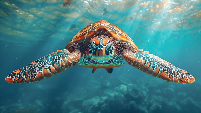 Artistic illustration of sea turtle shell texture, featuring its geometric patterns and rich, earthy tones, ideal for a natural and marine-themed background. shiny, Minimal and Simple,