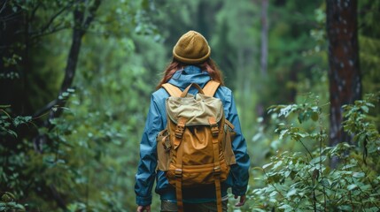 Fototapeta premium Solo traveler hiking through a dense forest, symbolizing adventure and the thrill of exploration, isolated white background, copy space