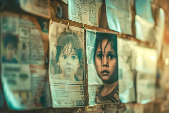 Closeup images of missing childrens posters are displayed on a notice board, emphasizing the urgency and emotional impact of finding lost loved ones