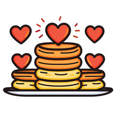Stack pancakes decorated hearts, expressing love affection through food. Delicious breakfast treat illustrated vibrant colors hearts floating around