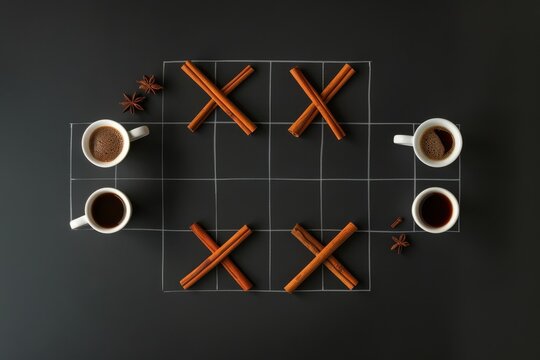 Creative minimalist design with coffee cups and cinnamon sticks arranged in a tic-tac-toe game