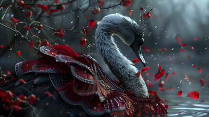 Swan in the lake with roses design in traditional Asian art style