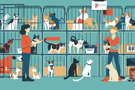 A detailed illustration portrays an animal shelter where caring staff provide support for cats and dogs in kennels and cages, encouraging adoption and promoting animal welfare