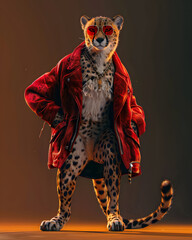 A devilish cheetah strutting in designer wear