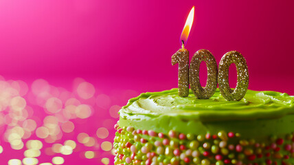 Green cake with '100' candle against pink background.