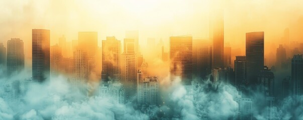 Skyscrapers piercing through the morning mist in a bustling city, showcasing the urban skyline and tranquil beauty, isolated white background, copy space