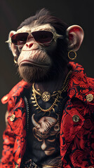 A devilish monkey dressed in trendy fashion gear