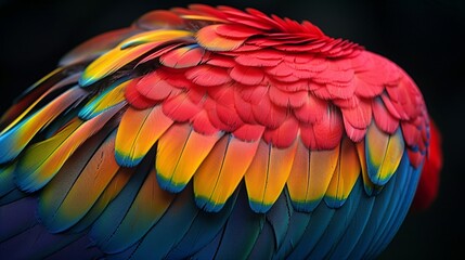 Obraz premium Artistic depiction of parrot feathers, featuring their vibrant, multi-colored hues and intricate patterns, perfect for a lively and exotic background. shiny, Minimal and Simple,