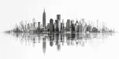 Skyline view of a metropolis with iconic skyscrapers and busy downtown streets, highlighting the architectural marvels of the city, isolated white background, copy space