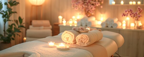 Serene spa room with soft lighting, candles, and a massage table, showcasing relaxation and therapy, isolated white background, copy space