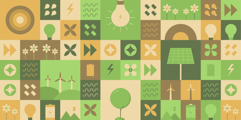 Template design for green energy and world environment day with geometric seamless pattern. The mosaic background features simple shapes such as bulbs, windmills, flowers, a solar panel, and more.