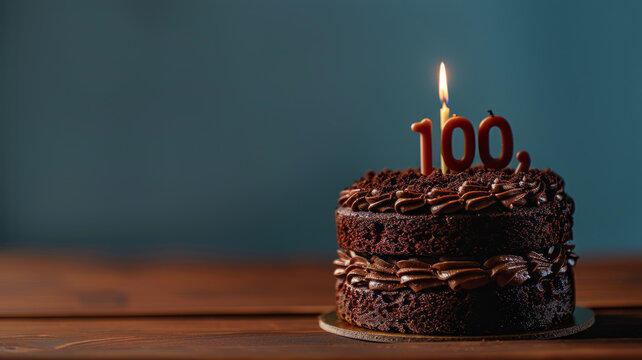 Chocolate cake with a 100th birthday candle lit on top.