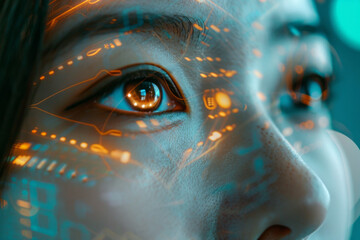 A closeup of an asian woman face with futuristic digital symbols, lines illuminating her face, focus on her pupils 