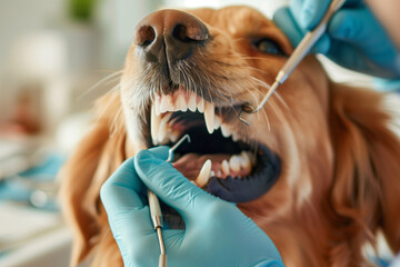 A dog receiving a dental checkup from a veterinarian wearing gloves highlights the importance of professional pet care and preventive measures for maintaining oral health in animals